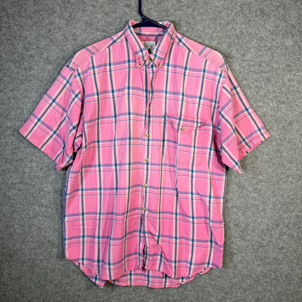 Brittania Mens Pink Blue Plaid Button Up Short Sleeve Shirt Size M Casual